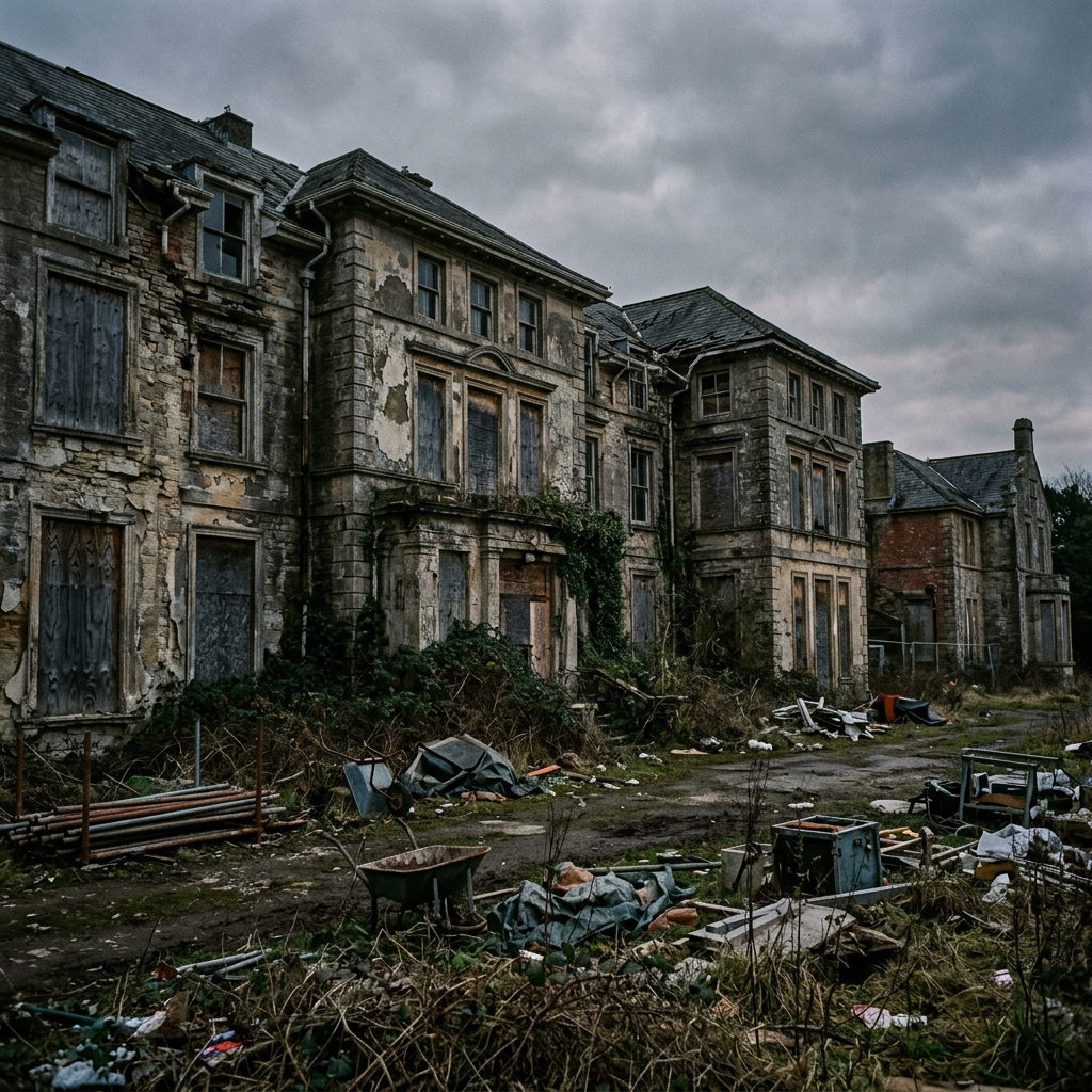 Derelict Victorian estate with boarded windows, rubble, and overgrown grounds